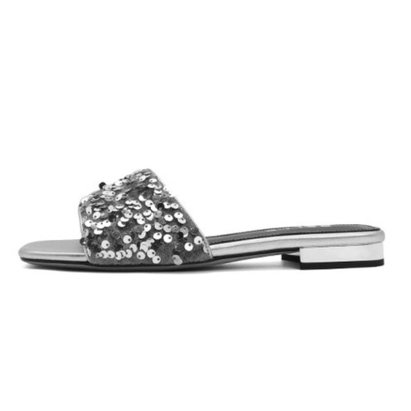 2024 New Summer Comfortable and Versatile Sequin Decorated Solid Color Open Toe Square Heel Women's Shoes Beach Style Zapatos