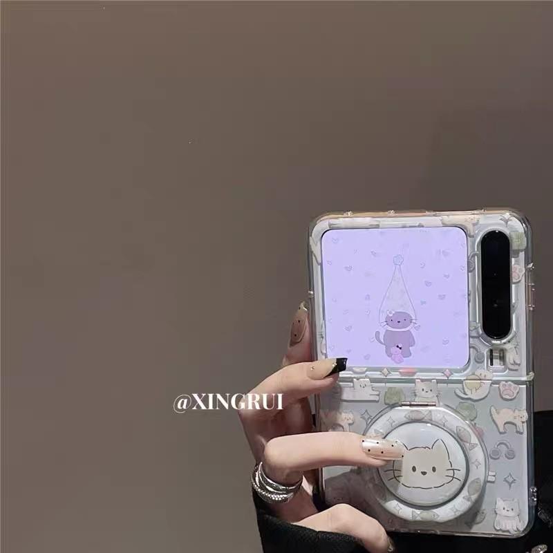 Phone Case For Samsung Z Flip 5 6 7 Case Flip Phone Transparent Cover with 360 Degree Finger Ring Holder