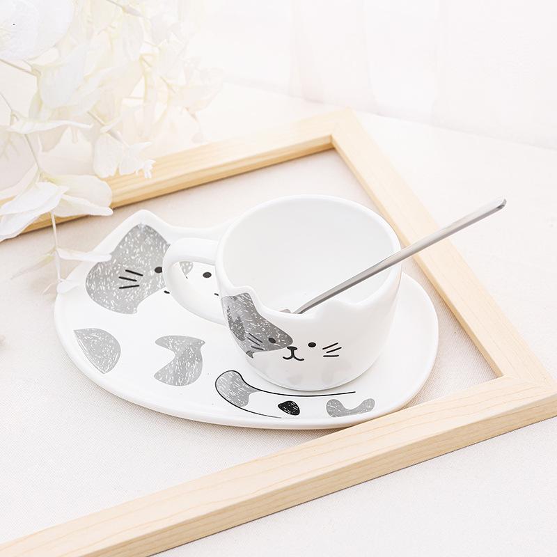 European Ceramic Cat Ceramic Mug Dessert Plate Set Cartoon Animal Mug Simple Couple Cup Kitchenware 200ML Mug Exquisite Gift