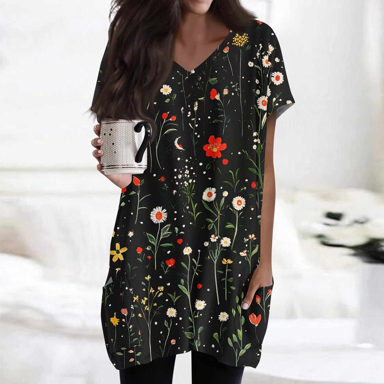 

Women s Fashionable And Casual V-neck Floral Print Mid Length Pocket Short Sleeved Top XXL чорний