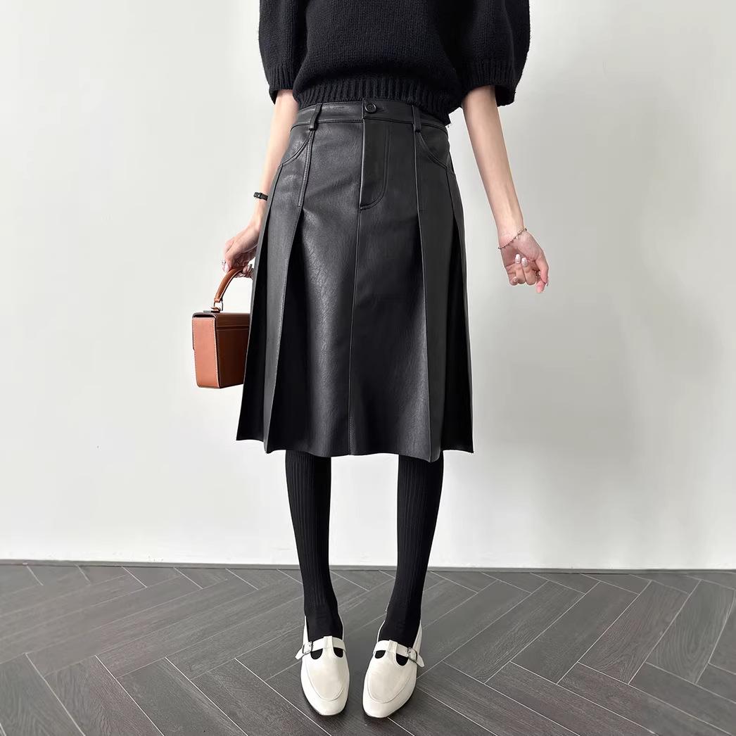 

Korean Chic Retro Pleated PU Skirt for Women - Spring/Autumn 2026 Collection Large чорний