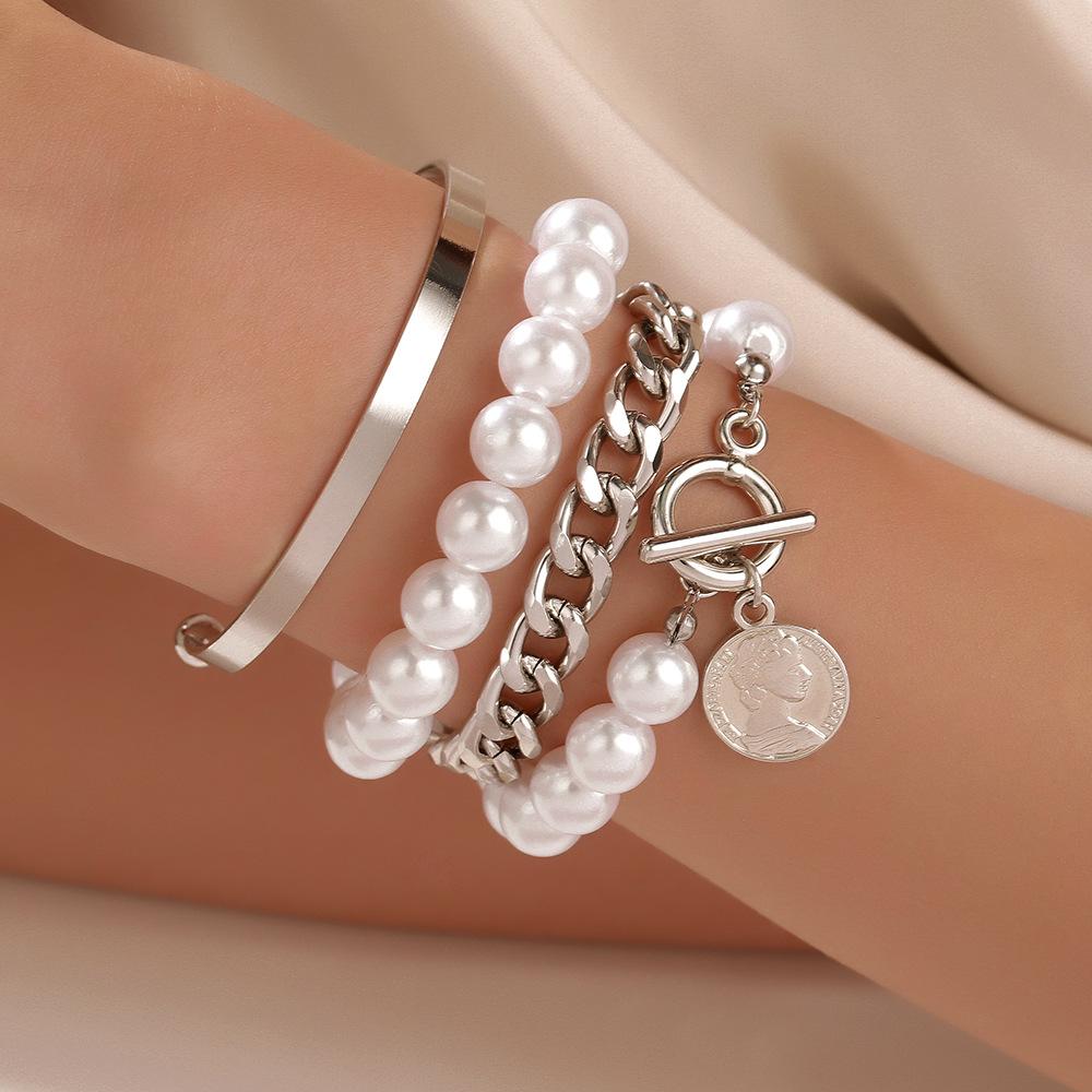 European and American hand jewelry sweet and cool multi-portrait imitation pearl bracelet set personalized NK Cuban chain jewelry women