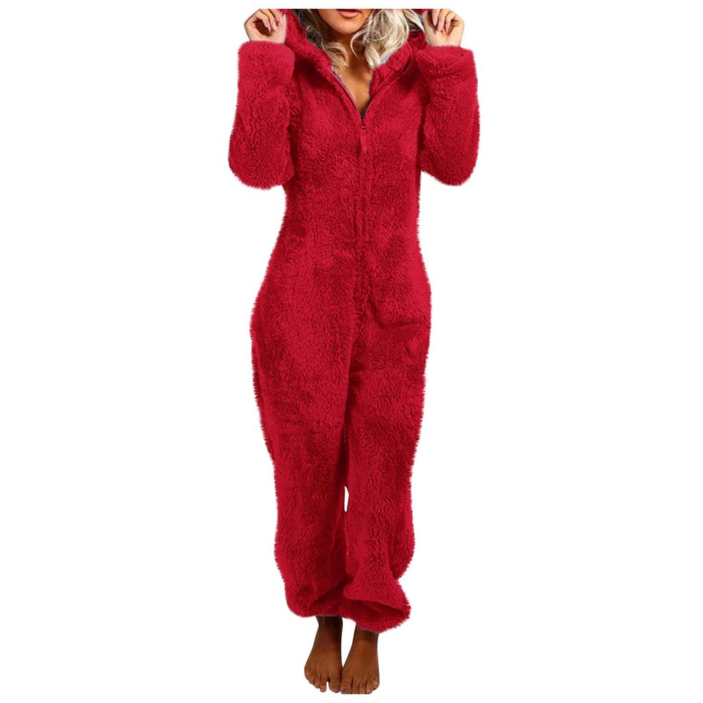 Women Long Sleeve Hooded Jumpsuit Pajamas Casual Winter Warm Rompe Sleepwear