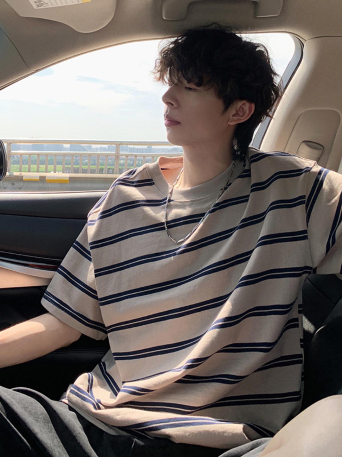 

Мужская свободная полосатая футболка в студенческом стиле с коротким рукавом 2024 года XL хаки