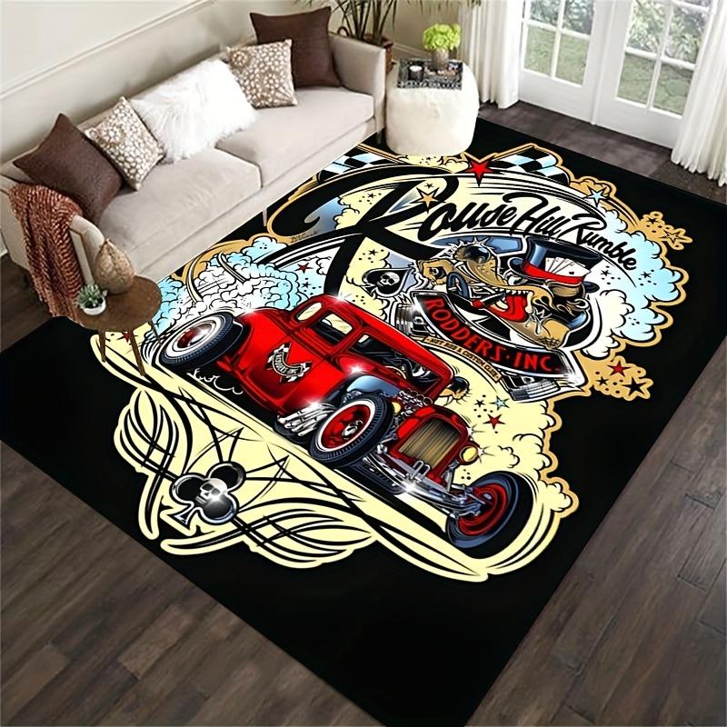 Vintage Hot Rod Car Area Rug, House Rock Rumble Skulls Print Floor Mat for Bedroom Garage, Man Cave Decor Rug, Washable Carpet