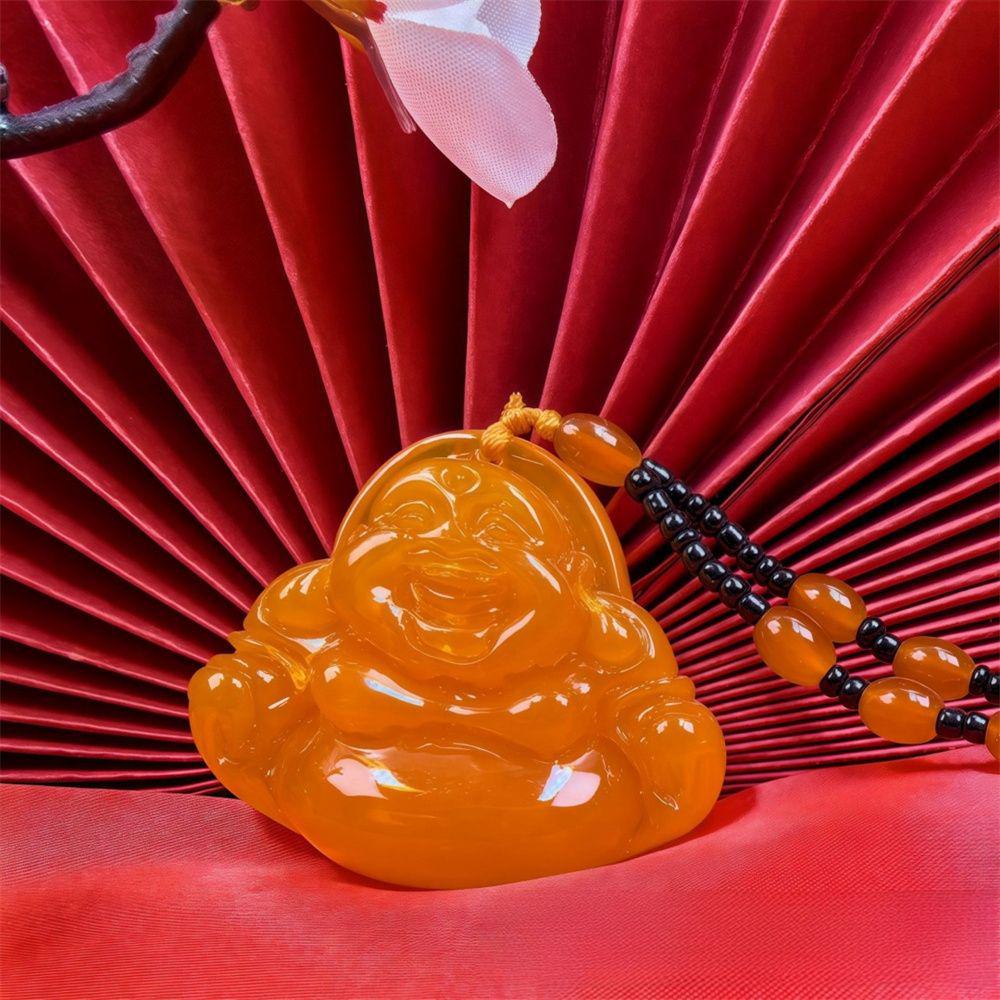 Orange Carved Maitreya Buddha Pendant Necklace - Women's Niche Style