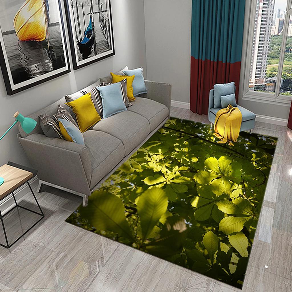Green Leaves Carpet Natural Landscape Rug Black Rectangle Area Rugs for Adults Yoga Mats Bedroom Living Room Decor Soft Door Mat