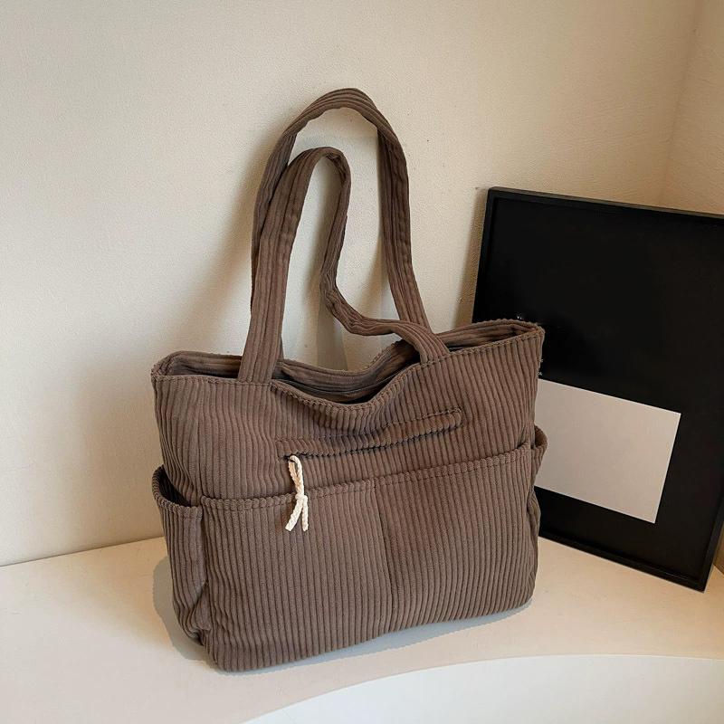 Casual Corduroy Handbag Zipper Closure Light and Large Capacity Shoulder Bags Solid Color Women's Daily Commuter Tote