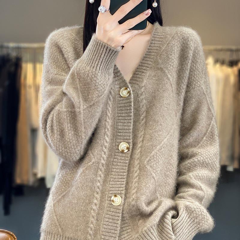 Women's 100% Cashmere V-Neck Long Sleeve Korean Style Loose Cardigan Sweater