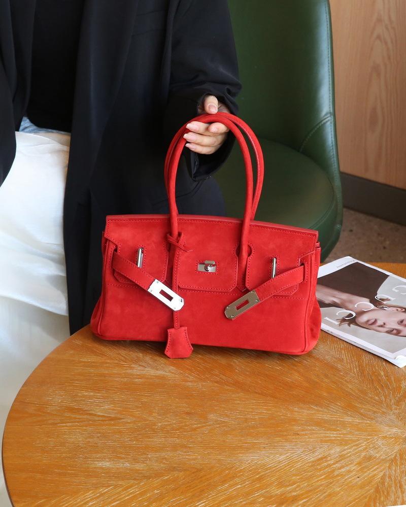 30Cm horizontal low version velvet platinum bag, first layer matte cowhide underarm bag (H01BK)