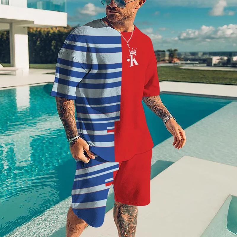 Summer Men's 3D Printed Striped Sports Suit Fashion Versatile Trend Casual Breathable