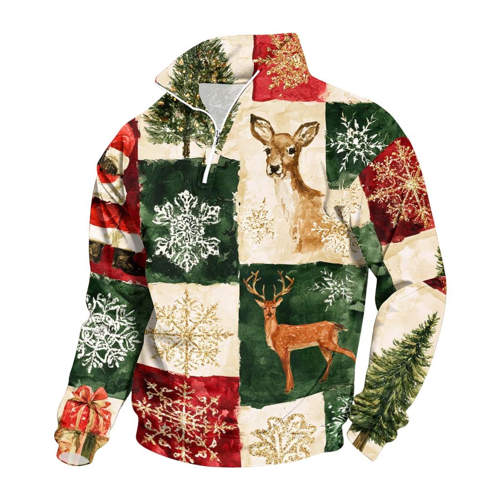 Men's Casual Quarter-Zip Stand Collar Sweatshirt with Christmas Print for Holiday Wear