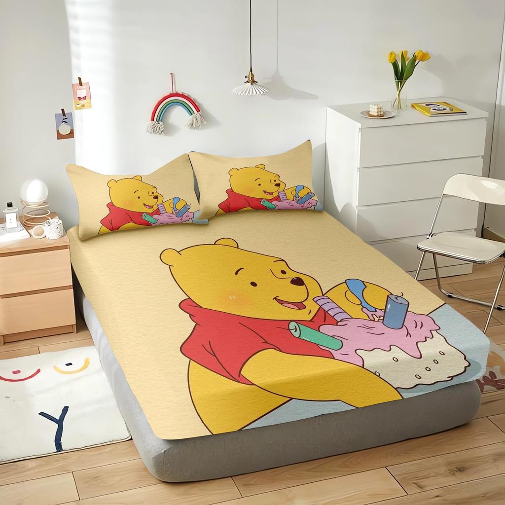 -Winnie The Pooh Fitted Sheets Cartoon Bedding Set Quilt 3D Children Cover Set King Size Covers Printed  Polyester