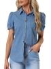 Allegra K Denim Blouse with Puff Chest Retro Light Size L Women's Collar, Sleeves, Pocket, Button-Up Shirt, Style, Blue,