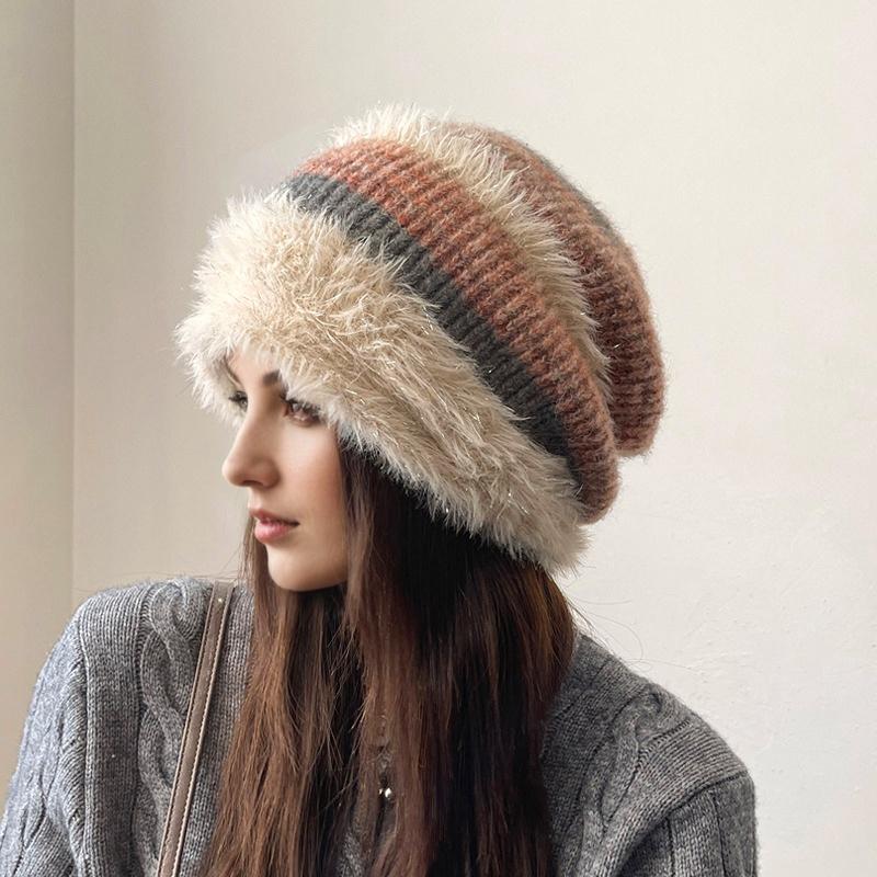 1PC Color Block Elegant Pile Hat Versatile Knitted Fashion High Stretch Warmth Brimless Lightweight Plush Slouchy Hats Multi-Color