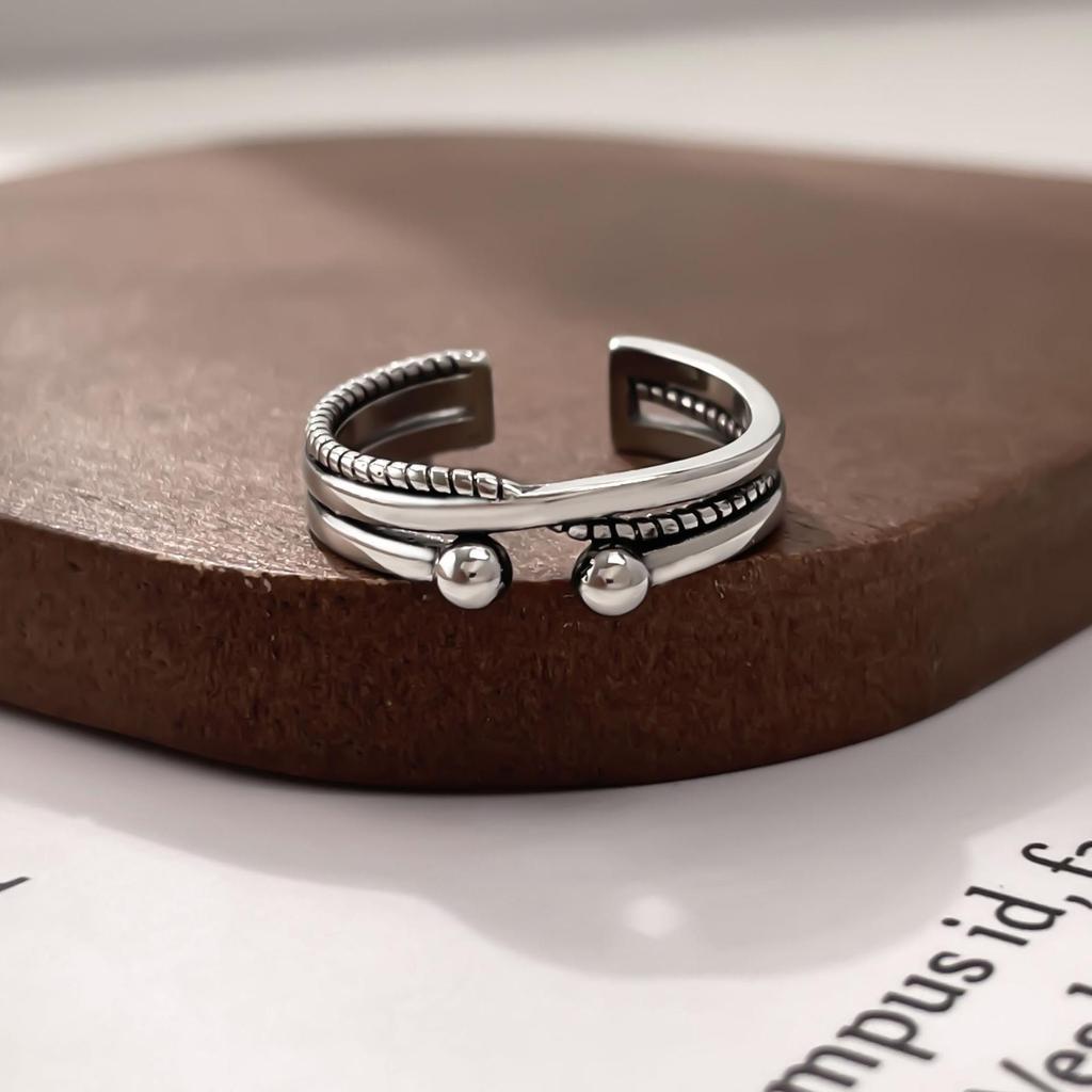 Retro Twisted Round Bead Ring: Women's Thai Silver Open Design