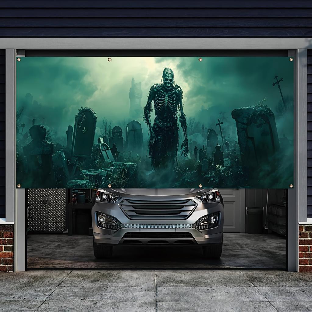 Ghostly Halloween Garage Banner - Terrifying Cemetery Skull Design, Outdoor Festival Decoration YZB