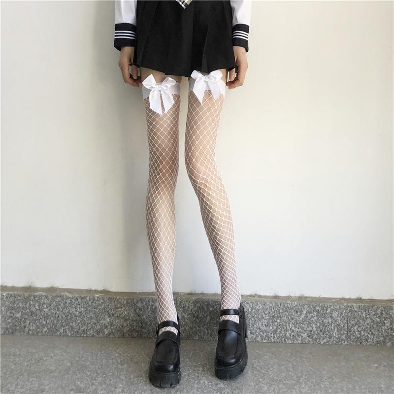 Over-the-Knee Fishnet Stockings for Women with Bowknot, Long Tube Stockings, Sexy and Pure Desire, Flirting Mid-Calf Fishnet Sto