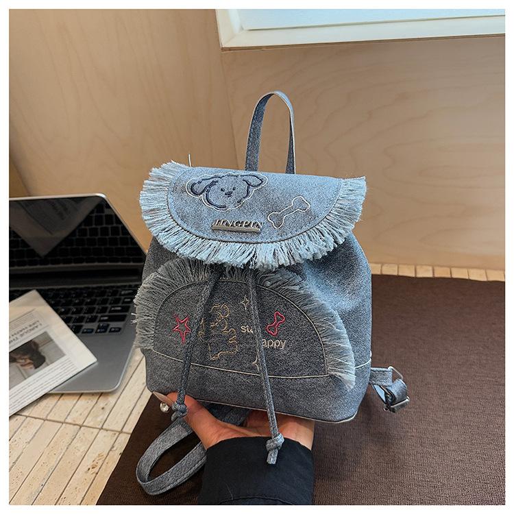 College Style Denim Embroidered Backpack Bag Women's New Travel Small Backpack Student Schoolbag