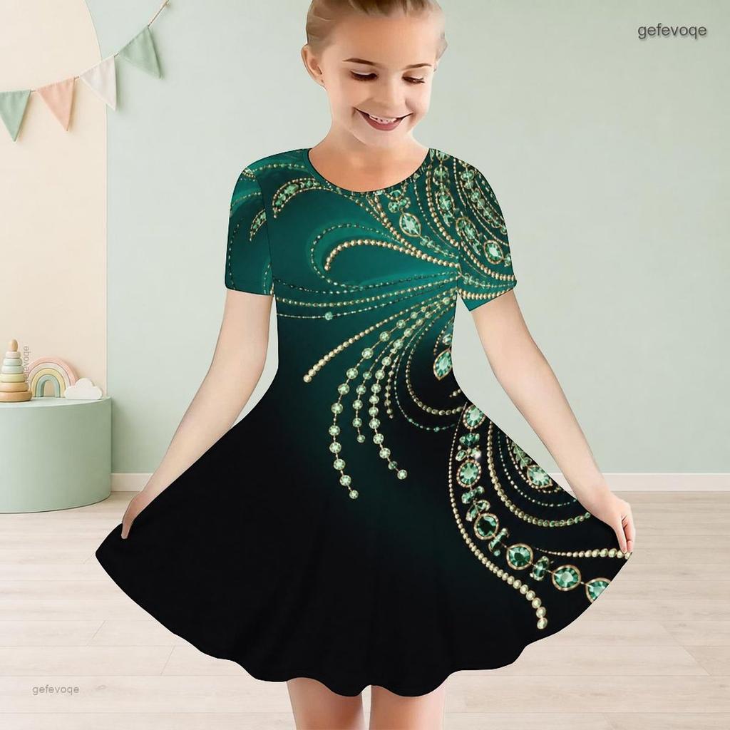 Girls Round Neck Short Sleeve Printed Light Purple A Line Flared Dress