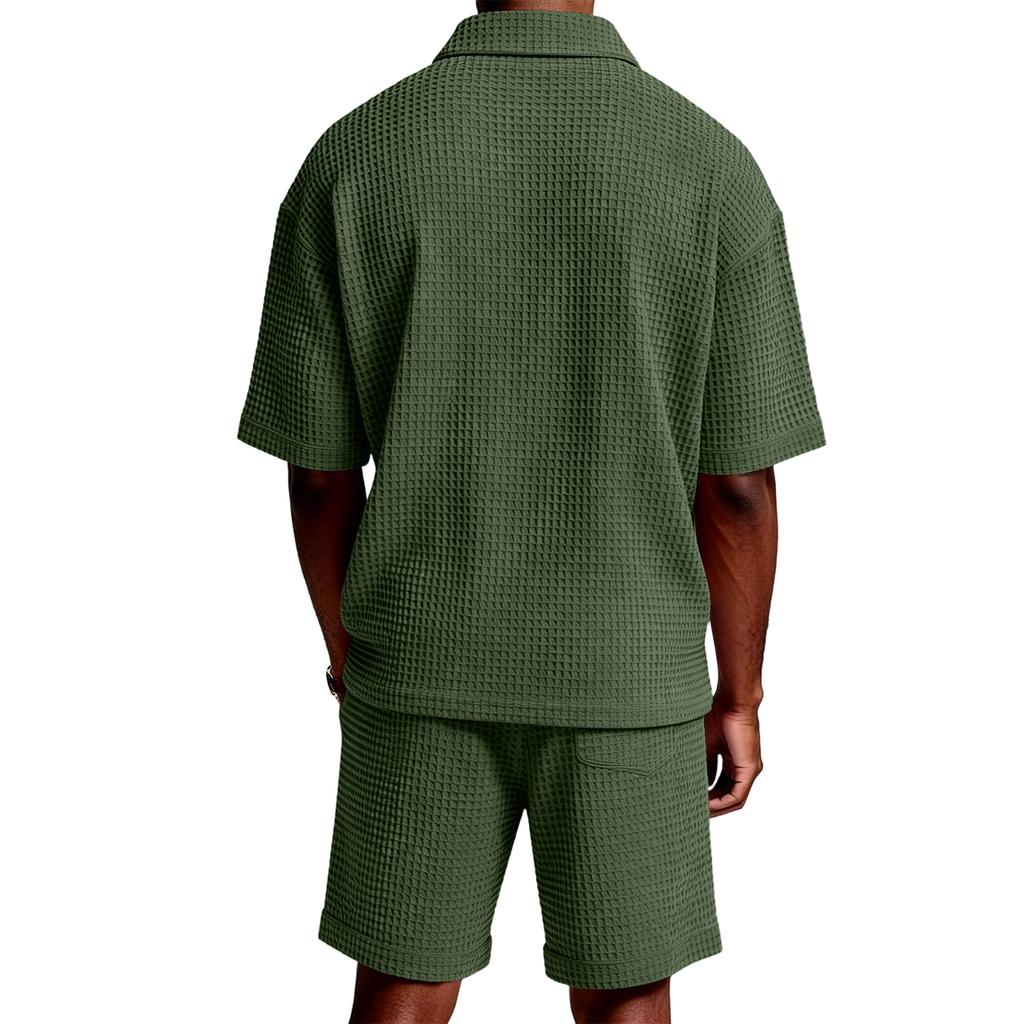 Men's Summer -color Quarter-zip Casual Loose Short-sleeved Short Pants Set