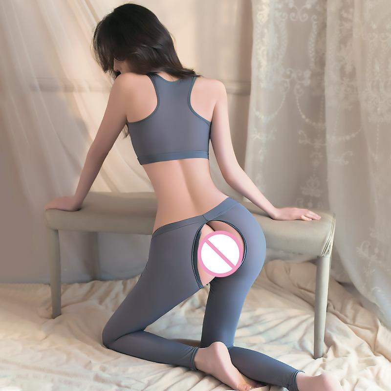 Sexy Top Open Crotch Trousers Set Erotic Lingerie Women Solid Yoga Pants Uniform Temptation Sex Porn Outfits Sleepwear Pajamas