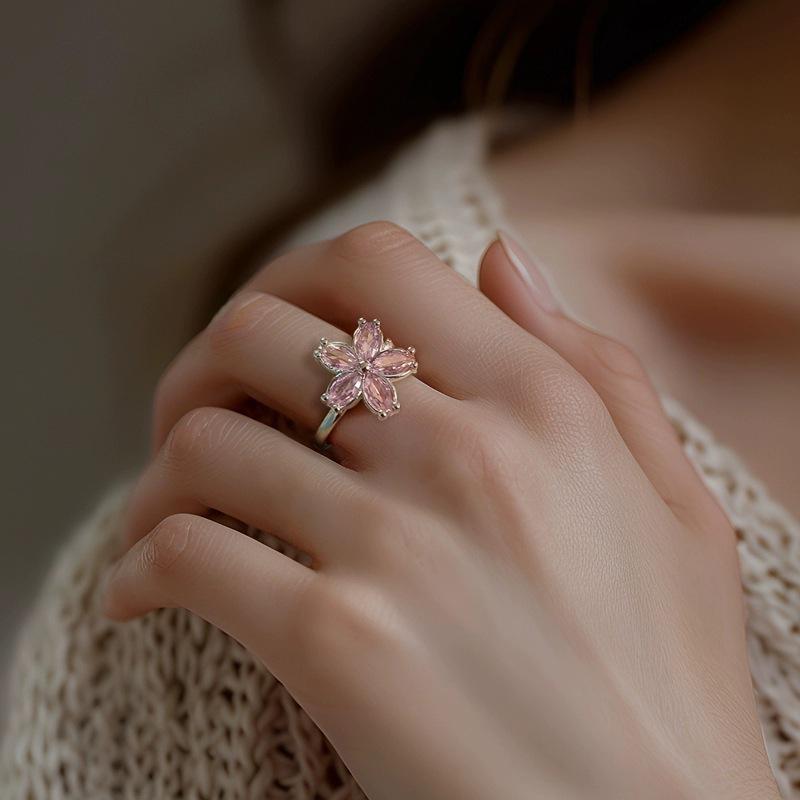 Cherry Blossom Pink Zircon Flower Rotating Anti-Anxiety Adjustable Ring for Women