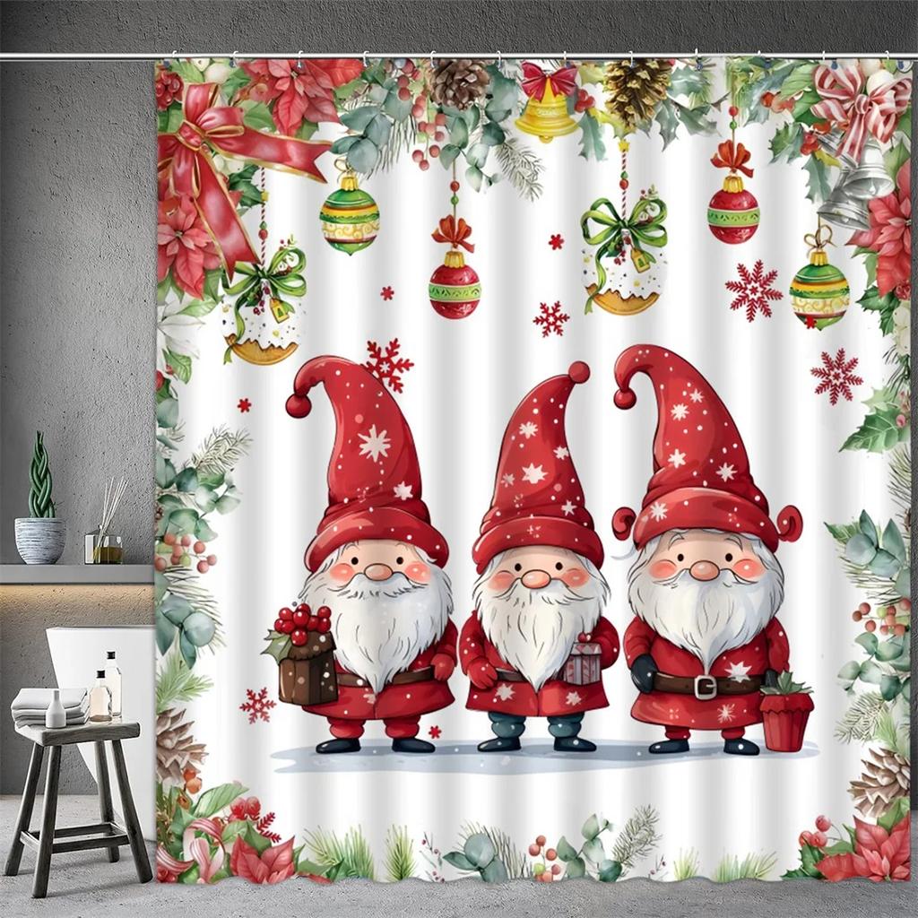 Christmas Shower Curtain, Winter Snowman Santa Claus Snowflake Gnome Farm Truck Berry Christmas Tree Cartoon Bathroom Decorati