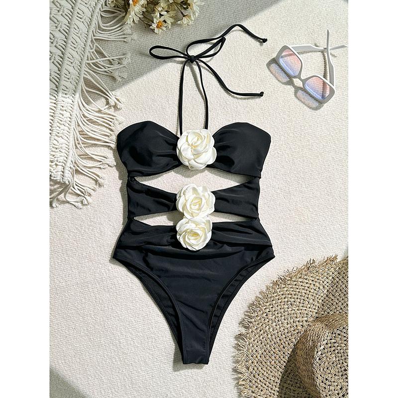 

Однотонный купальник халтер без спины с 3D-цветком, сексуальный цельный купальник, женский купальный костюм для плавания, бикини с вырезами M чёрный