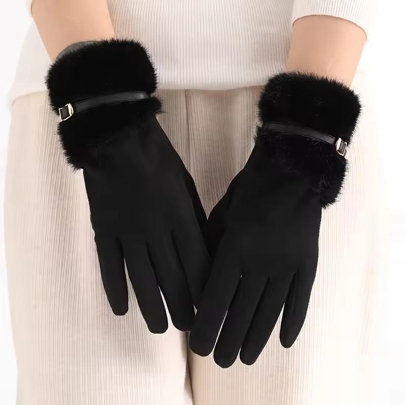 Winter Plush Warm Gloves for Women Thick Touch Screen Metal Buckle Decoration Touch Screen Gloves Windproof Commuting Accessory