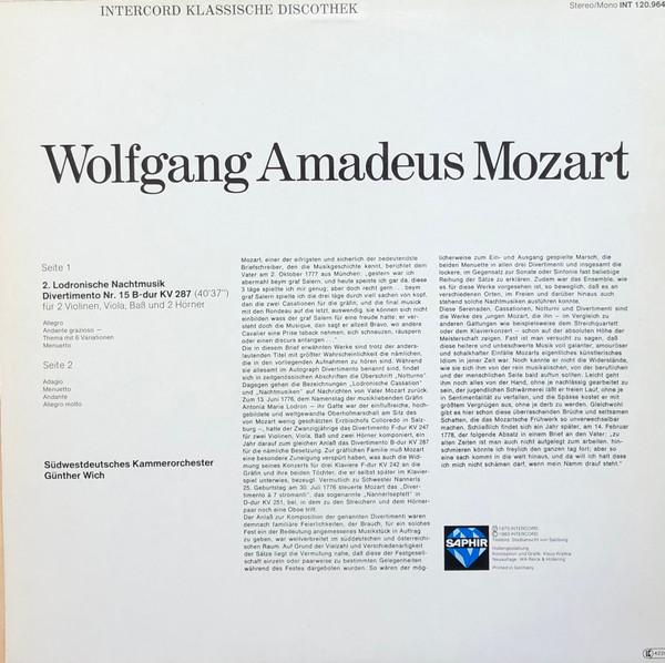 

LP Record WOLFGANG AMADEUS MOZART SDWESTDEU 2. Lodronische Nachtmusik INT120964 Saphir 1983 Germany Classical Used