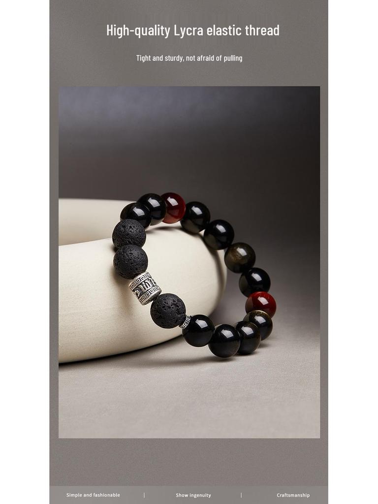 Sterling Silver Volcanic Stone, Gold Obsidian, Red Tiger Eye Men's Beaded Retro Bracelet - Elegant Gift for Boyfriend