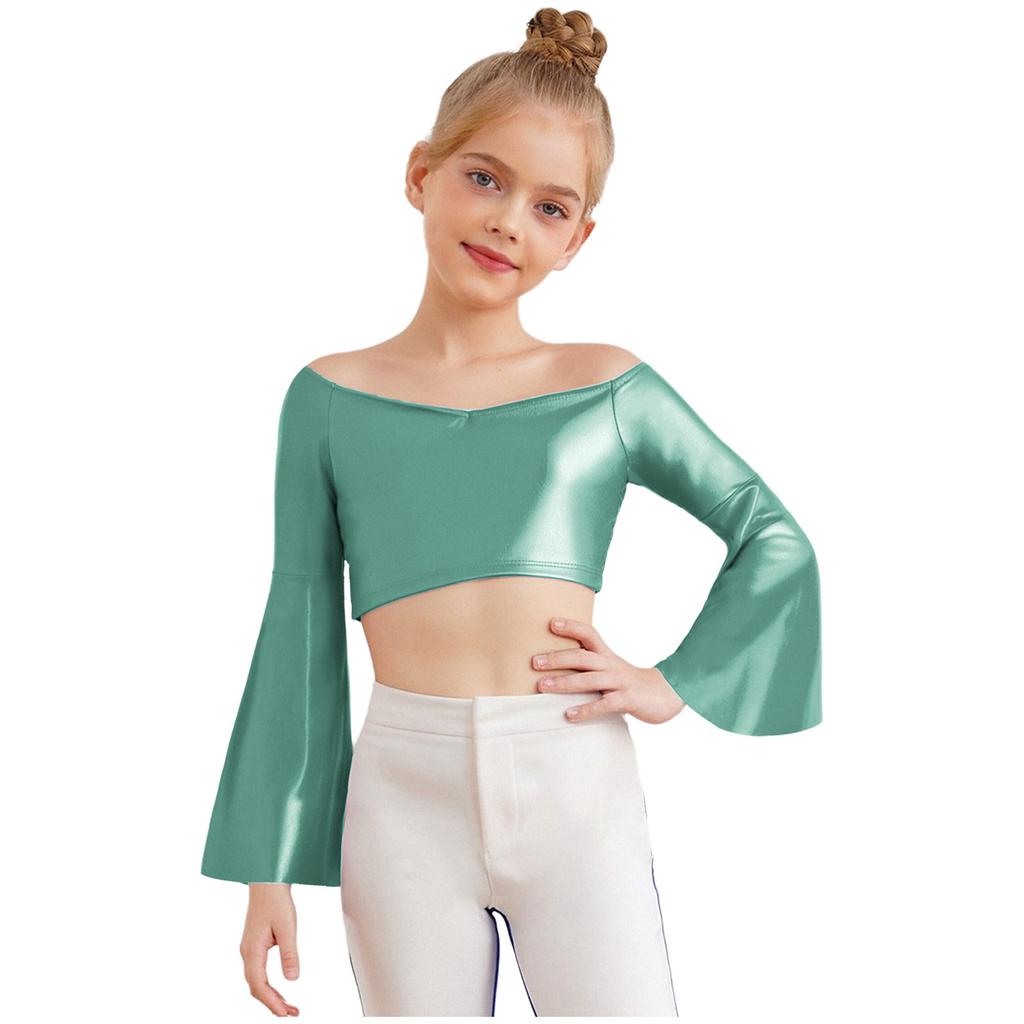 Flickors Prestanda Crop Top Lång Utställd Ärm Off Shoulder Metallisk Design Födelsedagsfest Toppar