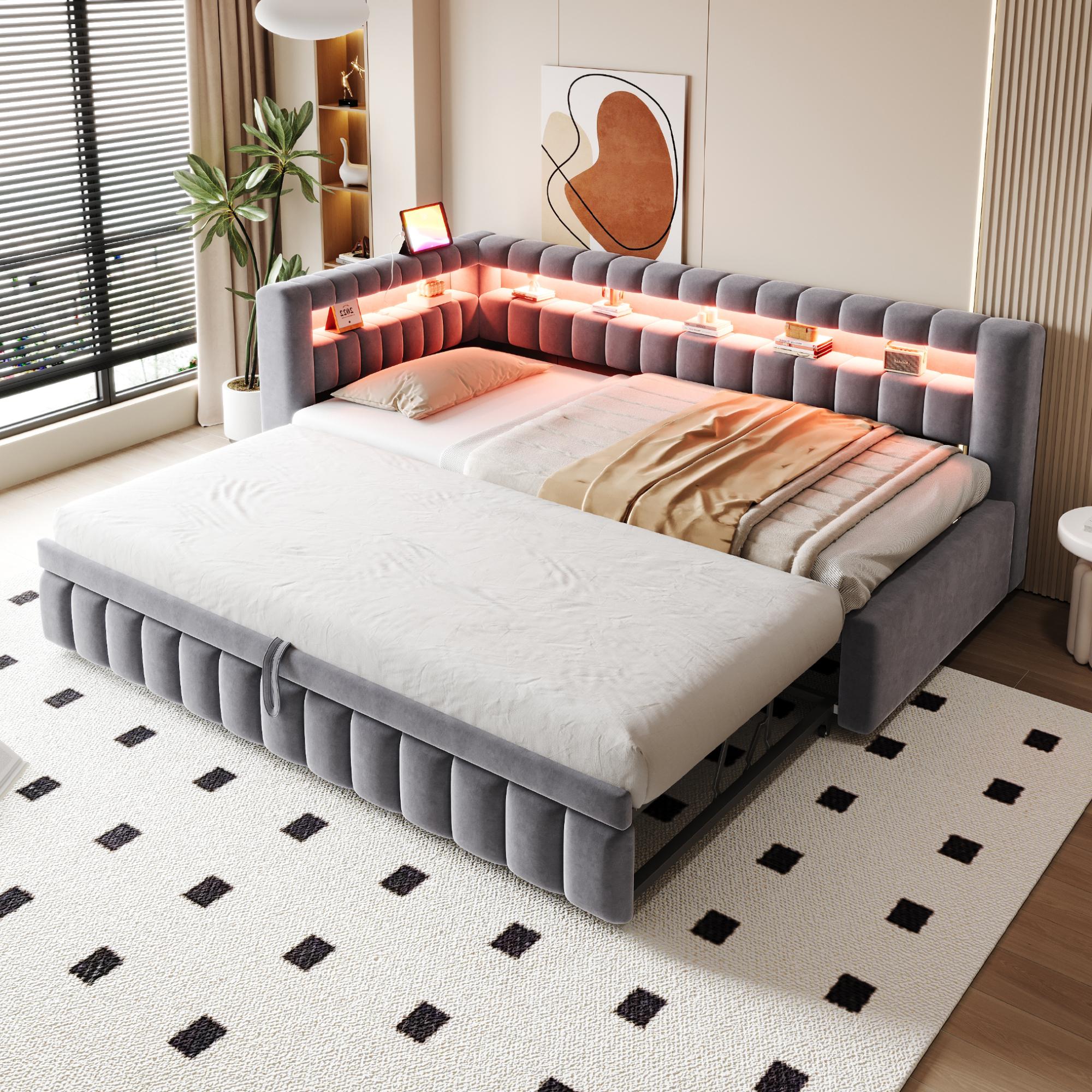 Canapea extensibilă tapițată 90*200 cm, cu iluminare LED, tăblie și spătar, model dungi, port de încărcare USB, material catifea gri închis 211.5 x 102 x 79 cm gri