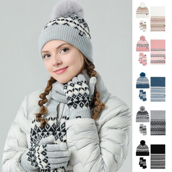 Women Winter Hat Scarf Gloves Set Pom Pom Warm Hat Long Knit Scarf Touchscreen Gloves Set Thick Warm 3 in 1 Set