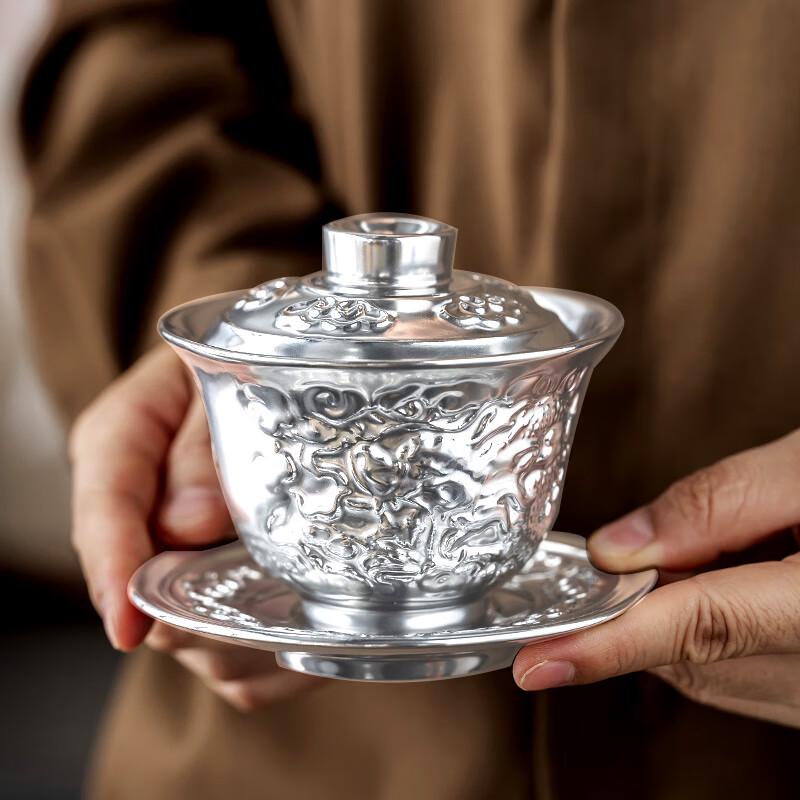 Feiyue Coiled Dragon Silver-Gilt Ceramic Gaiwan Tea Set (3-Piece)