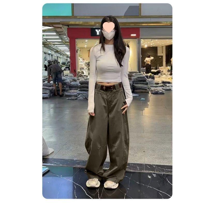 

Маленькие женские джинсы цвета американской военной зелени с изогнутыми штанинами - 2025 Осень Свободные широкие брюки в пол XS (70-80 lbs)