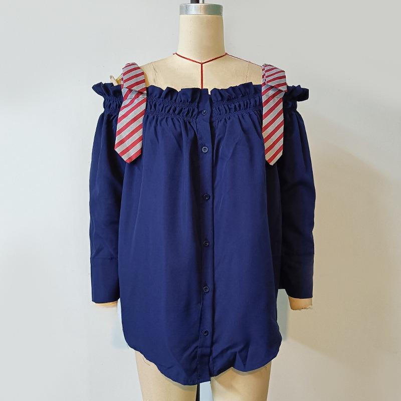 One-line Shoulder Striped Bow Shirt Women's Spring Loose Ruffled Top