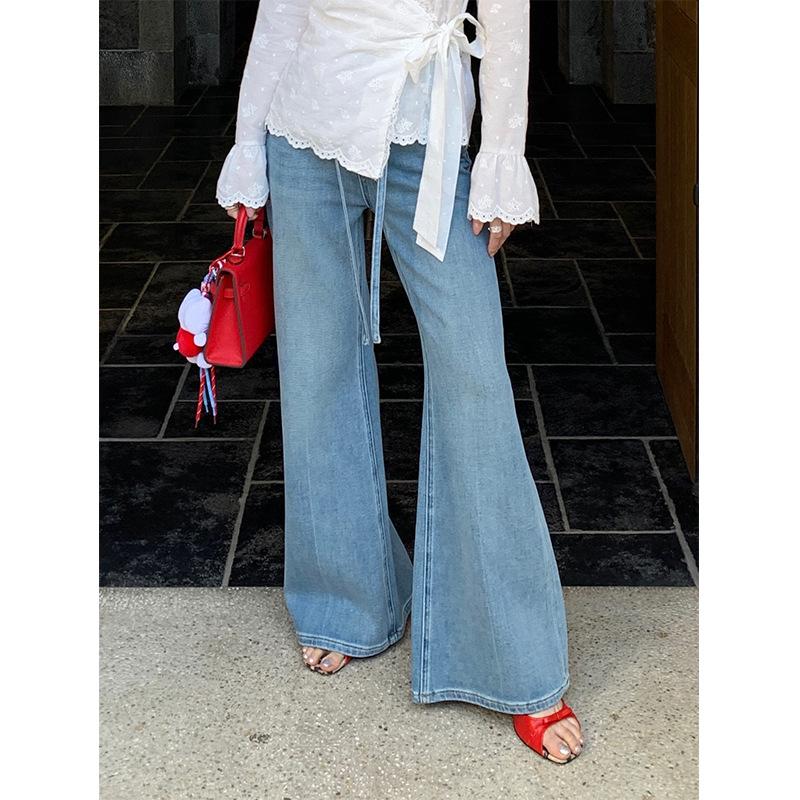 

Aixili 2025 Spring Retro High Waist Drawstring Flared Denim Pants 29