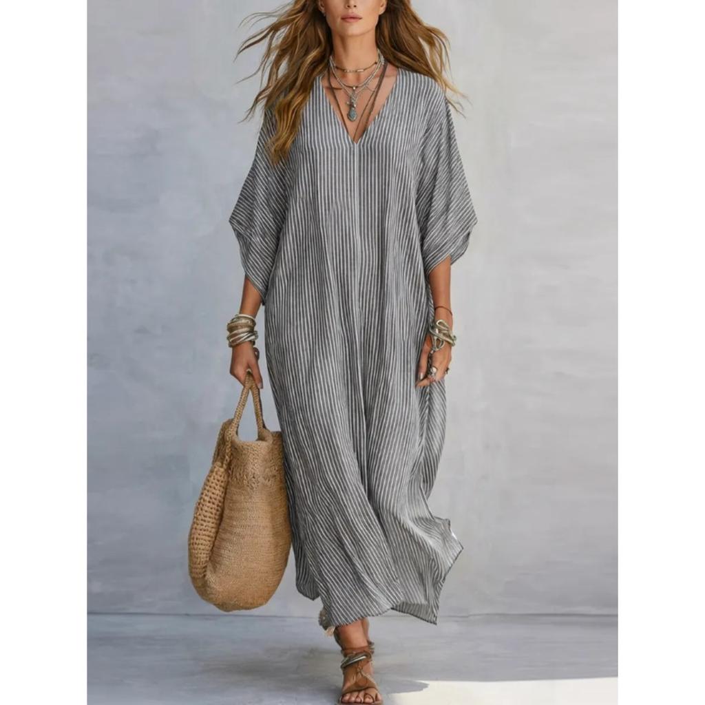 New Fashion V-neck Striped Loose Casual Long Dress for Women European American Vacation Dress
