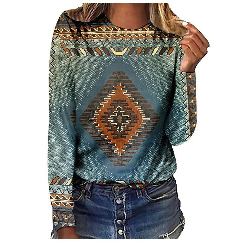 Spring and Autumn Round Neck 3D Retro Ethnic Style Printed Top Fashionable Casual Long Sleeved Women's T-shirts