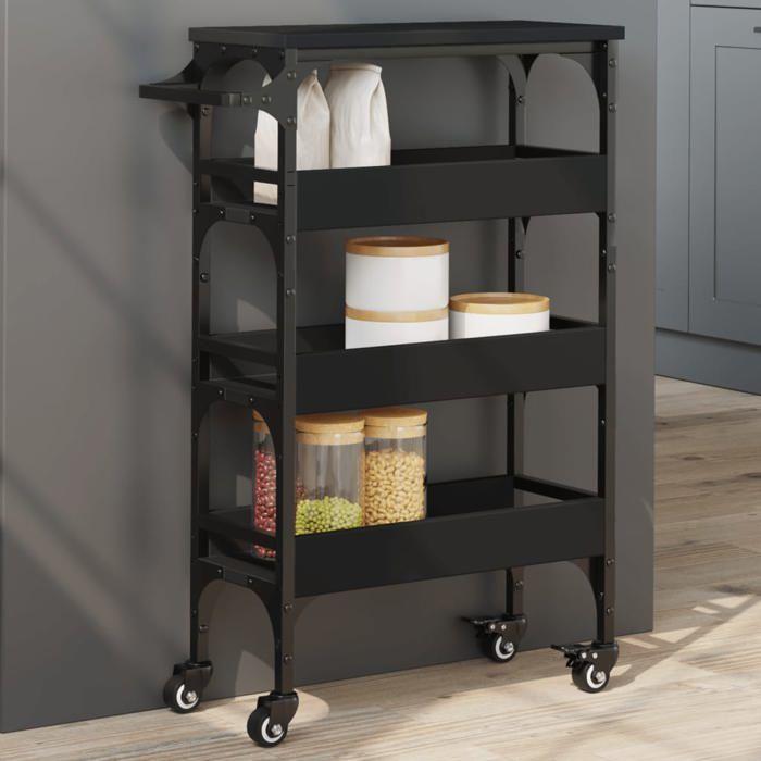 VidaXL Chariot de Cuisine, Étagère de Rangement, Chariot de Service avec Roulettes, Organisateur de Maison, Noir Bois 842351