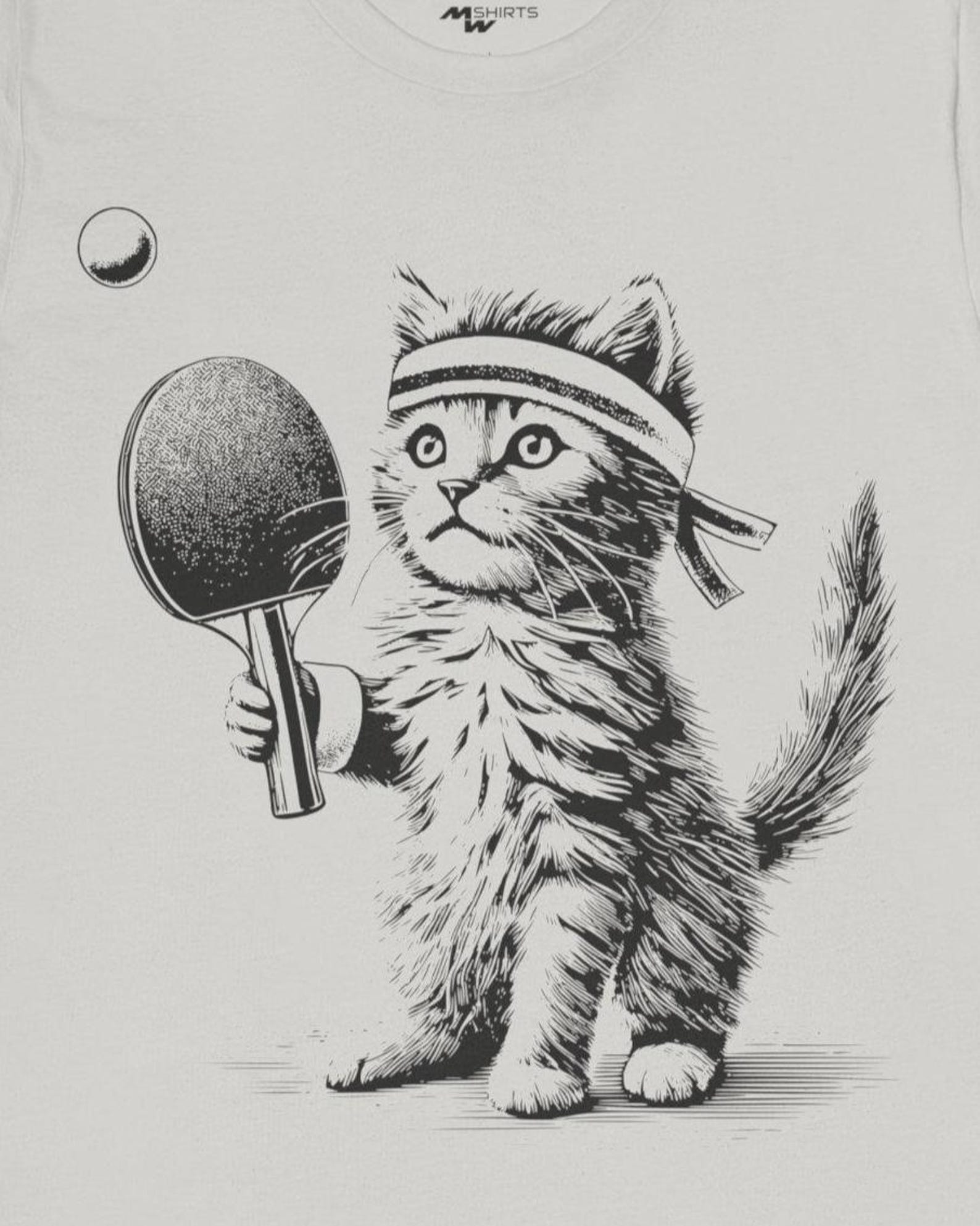 Kitten Playing Ping Pong T-Shirt, Engraving Style Cat Lover Tee S