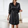 Elegant Women Long Sleeve Lace Up Dress Single Breasted Lapel Neck Autumn