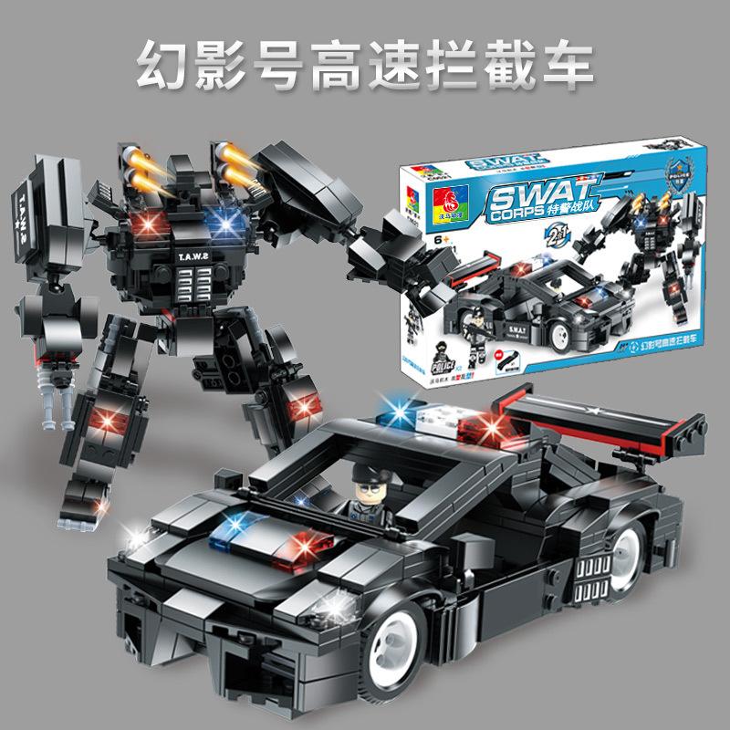 Building Block Toy Swat Team 2-In-1 Children'S Police Car Robot Assembly Model Small Particle Gift