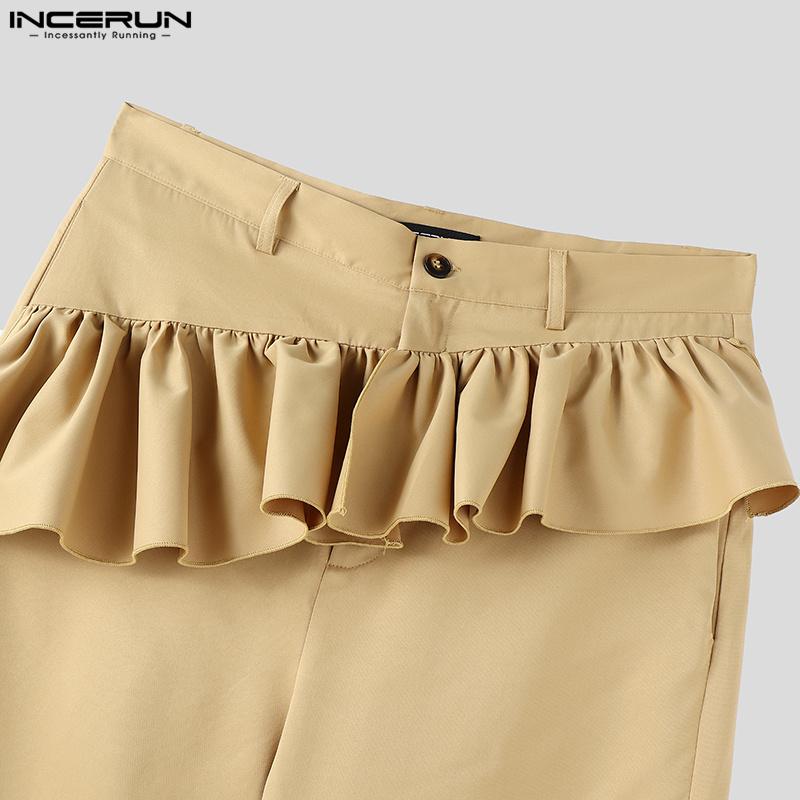 INCERUN Pánské kalhoty se zipem v pase, s volánovými vrstvami, ležérní, dlouhé, rovné kalhoty