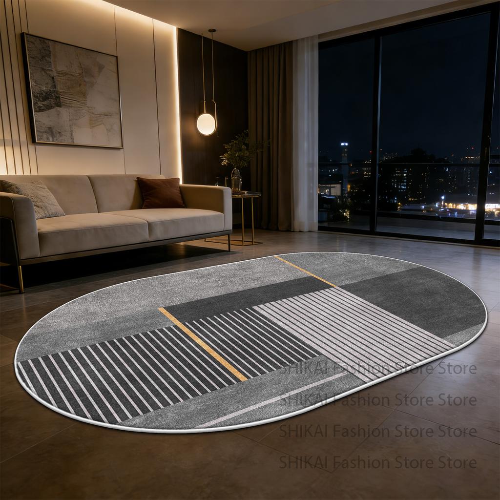 Grey Modern Geometric Style Oval Fluffy Carpet Decoration Living Room Easy Clean Soft Rug Large Area Non-slip Coffee Tables Mats