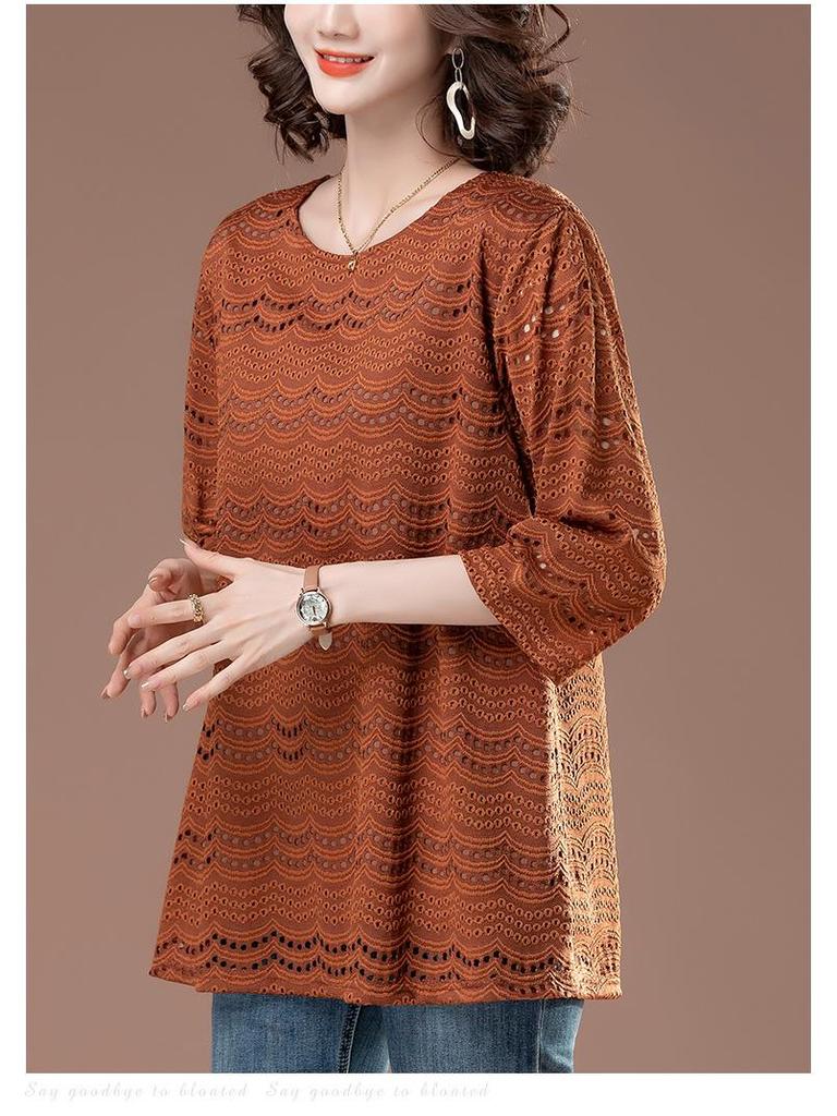 Top din dantelă cu mâneci șapte sferturi: Vară Mărimi Mari Croială Lejeră pentru Femei de Vârstă Mijlocie, Mâneci Medii Decupate la Modă