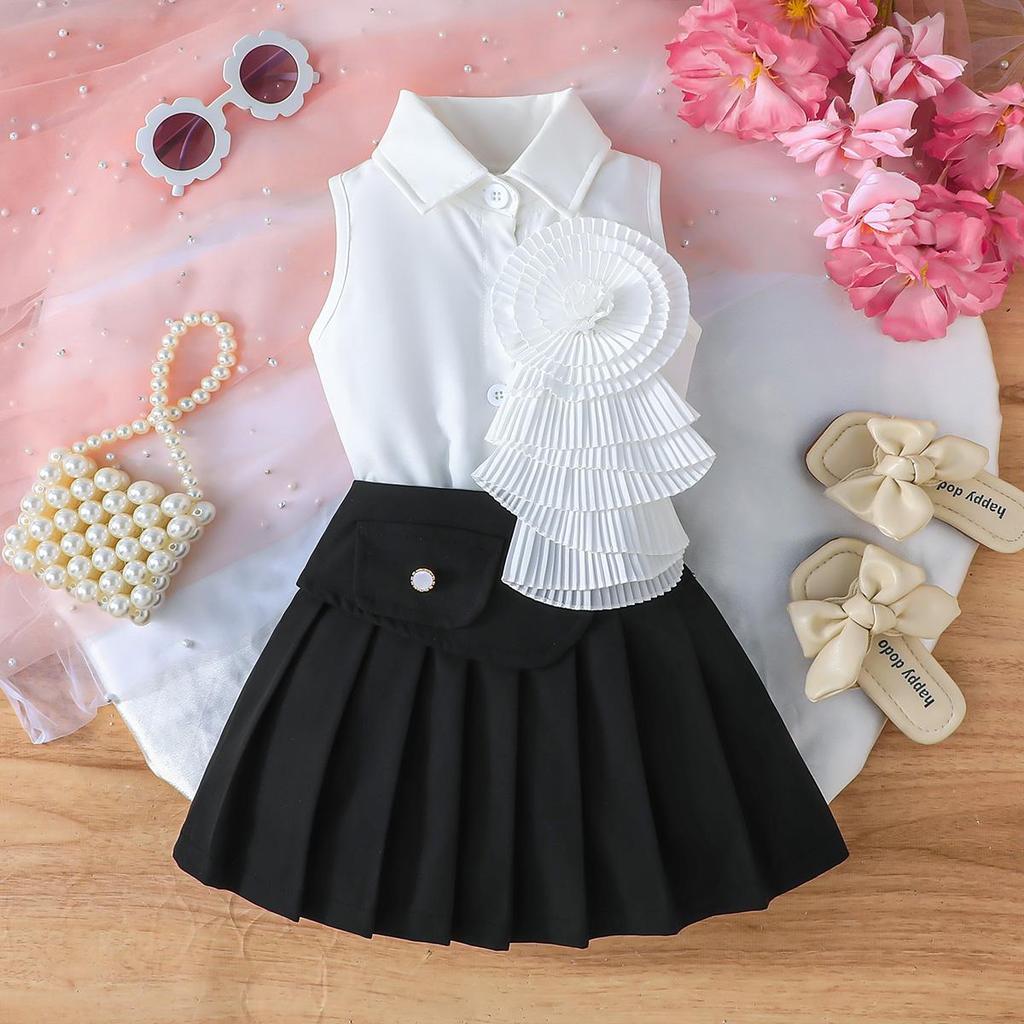 Baby Girls Sleeveless Collared Dress with Pleated Ruffle Accent, Stylish Party Outfit