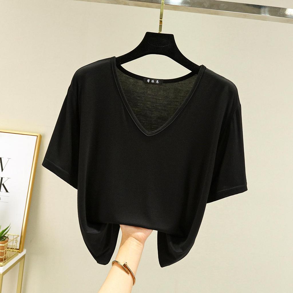 T-shirt da donna Modal scollo a V Maniche corte Top T-shirt casual estive Tinta unita T-shirt basic allentate